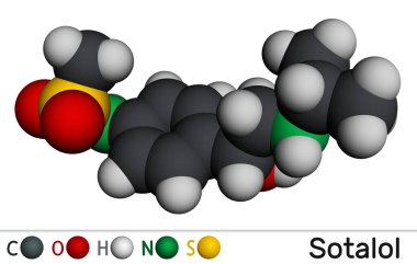 Sotalol ilaç molekülü. Anormal kalp ritmini tedavi etmek ve önlemek için kullanılır. Moleküler model. 3 boyutlu görüntüleme. Görüntü