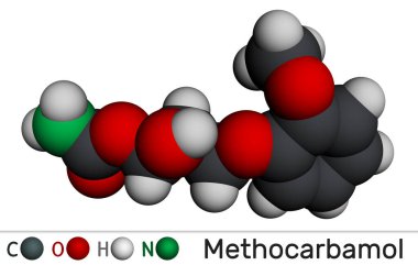 Methocarbamol ilaç molekülü. Kısa süreli kas iskeleti ağrıları için kullanılır. Moleküler model. 3 boyutlu görüntüleme. Görüntü