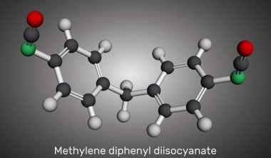 Methylene diphenyl diisocyanate, MDI molecule. It is core component in polyurethane synthesis. Molecular model. 3D rendering. Illustration clipart