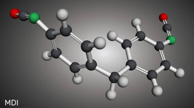 Metilen difenil diosiyanat, MDI molekülü. Poliüretan sentezinin çekirdek bileşeni. Moleküler model. 3 boyutlu görüntüleme. Görüntü
