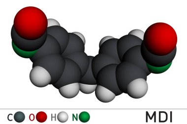 Metilen difenil diosiyanat, MDI molekülü. Poliüretan sentezinin çekirdek bileşeni. Moleküler model. 3 boyutlu görüntüleme. Görüntü
