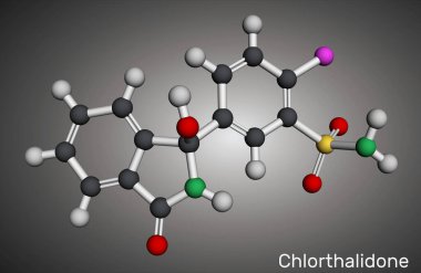 Klorthalidone molekülü. İdrar söktürücü ilaç. Moleküler model. 3 boyutlu görüntüleme. Görüntü