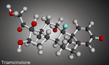 Triamcinolone glukokortikoid molekülü. Çok çeşitli iltihaplı koşulları tedavi etmek için kullanılır. Moleküler model. 3 boyutlu görüntüleme. Görüntü