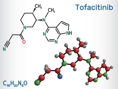 Tofacitinib ilaç molekülü. Romatizma artrit RA, sedef iltihabı PSA tedavisinde kullanılır. Yapısal kimyasal formül, molekül modeli. Vektör illüstrasyonu
