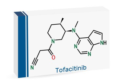 Tofacitinib ilaç molekülü. Romatizma artrit RA, sedef iltihabı PSA tedavisinde kullanılır. İskelet kimyasal formülü. Uyuşturucu için kağıt ambalaj. Vektör illüstrasyonu