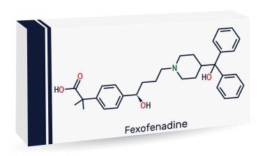 Fexofenadine molekülü. Mevsimsel alerjik romatizmaların semptomatik ilacı. İskelet kimyasal formülü. Uyuşturucu için kağıt ambalaj. Vektör 