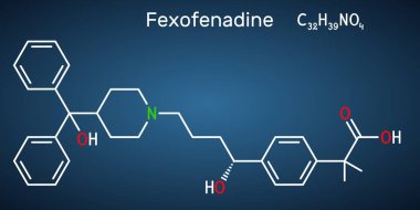 Fexofenadine molekülü. Mevsimsel alerjik romatizmaların semptomatik ilacı. Yapısal kimyasal formül, koyu mavi arkaplan. Vektör