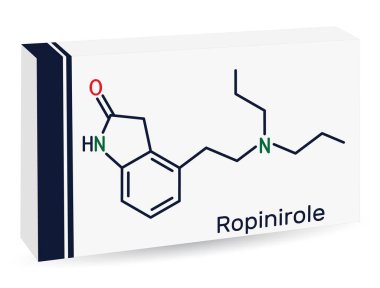 Ropinirole ilaç molekülü. Parkinson hastalığının belirtilerini tedavi etmek için kullanılır. Huzursuz Bacak Sendromu RLS. İskelet kimyasal formülü. Uyuşturucu için kağıt ambalaj. Vektör