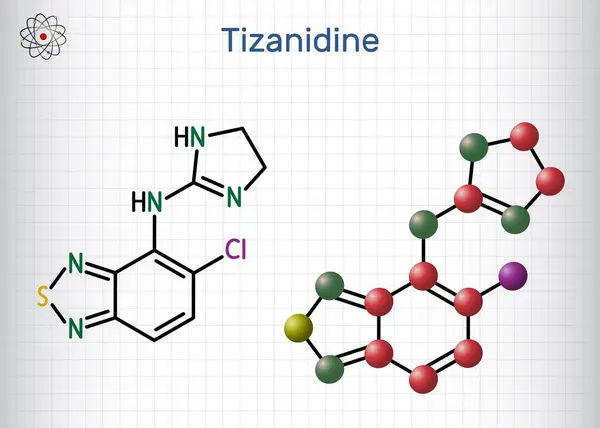 stock vector Tizanidine drug molecule. For treatment of muscle spasticity. Structural chemical formula, molecule model. Sheet of paper in a cage. Vector 