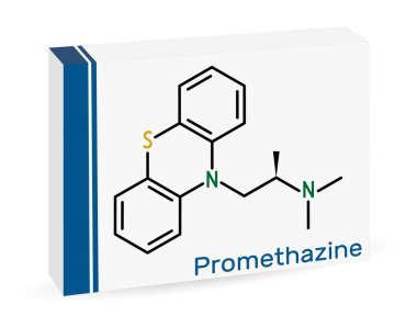 Prometazin antihistamin ilaç molekülü. İskelet kimyasal formülü. Uyuşturucu için kağıt ambalaj. Vektör illüstrasyonu