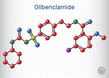 Glibenclamide, gliburit molekülü. İnsülin içermeyen diyabet tedavisinde kullanılan sülfonilea mellitus. Molekül modeli. Kafesteki bir kağıt parçası. Vektör illüstrasyonu