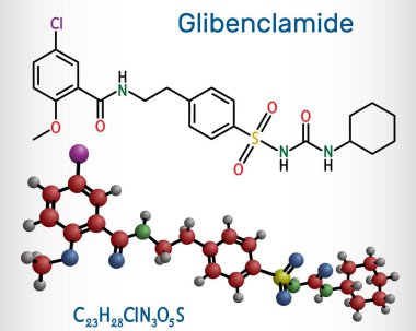 Glibenclamide, gliburit molekülü. İnsülin içermeyen diyabet tedavisinde kullanılan sülfonilea mellitus. Yapısal kimyasal formül, molekül modeli. Vektör illüstrasyonu
