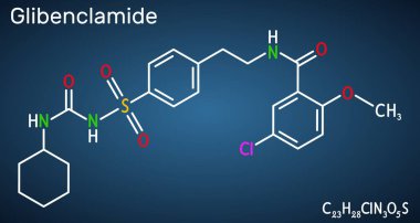 Glibenclamide, gliburit molekülü. İnsülin içermeyen diyabet tedavisinde kullanılan sülfonilea mellitus. Yapısal kimyasal formül, koyu mavi arkaplan. Vektör illüstrasyonu