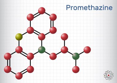 Prometazin antihistamin ilaç molekülü. Yapısal kimyasal formül, molekül modeli. Kafesteki bir kağıt parçası. Vektör illüstrasyonu