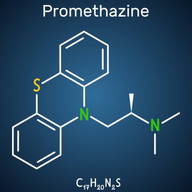 Prometazin antihistamin ilaç molekülü. Yapısal kimyasal formül, koyu mavi arkaplan. Vektör illüstrasyonu