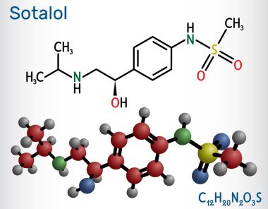 Sotalol drug molecule. Used to treat and prevent abnormal heart rhythms. Structural chemical formula, molecule model. Vector clipart