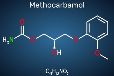 Methocarbamol ilaç molekülü. Kısa süreli kas iskeleti ağrıları için kullanılır. Yapısal kimyasal formül, koyu mavi arkaplan. Vektör illüstrasyonu