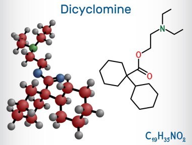 Dicyclomine, dicycloverine molekülü. IBS tedavisinde kullanılan anti-muskarinik ilaç. Yapısal kimyasal formül, molekül modeli. Vektör illüstrasyonu