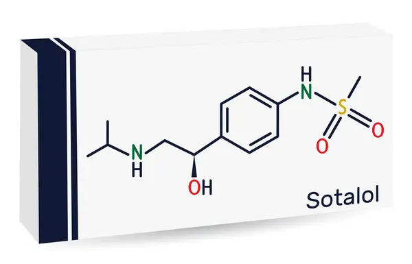 stock vector Sotalol drug molecule. Used to treat and prevent abnormal heart rhythms. Skeletal chemical formula. Paper packaging for drugs. Vector illustration