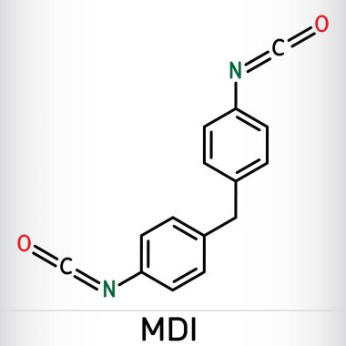 Metilen difenil diosiyanat, MDI molekülü. Poliüretan sentezinin çekirdek bileşeni. İskelet kimyasal formülü. Vektör illüstrasyonu