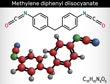 Metilen difenil diosiyanat, MDI molekülü. Poliüretan sentezinin çekirdek bileşeni. Yapısal kimyasal formül, molekül modeli. Vektör illüstrasyonu