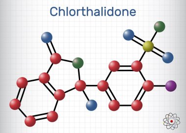 Chlorthalidone molecule. It is diuretic drug. Molecule model. Sheet of paper in a cage. Vector illustration clipart