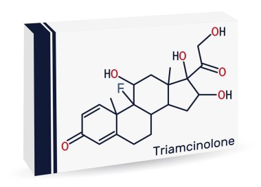 Triamcinolone glukokortikoid molekülü. Çok çeşitli iltihaplı koşulları tedavi etmek için kullanılır. İskelet kimyasal formülü. Uyuşturucu için kağıt ambalaj. Vektör illüstrasyonu
