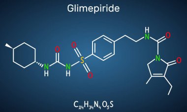 Glimepiride molekülü. Tip 2 diyabetin tedavisinde kullanılan sülfonil ilacı. Yapısal kimyasal formül, koyu mavi arkaplan. Vektör illüstrasyonu