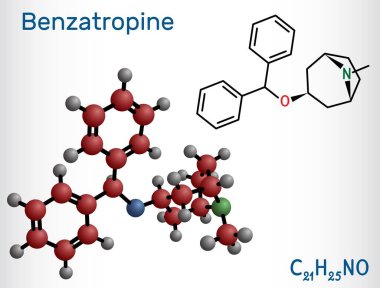 Benztropin molekülü. Parkinson hastalığının tedavisinde kullanılır. Yapısal kimyasal formül, molekül modeli. Vektör illüstrasyonu