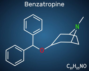 Benztropine molecule. It is used to treat Parkinson's disease. Structural chemical formula, dark blue background. Vector illustration clipart