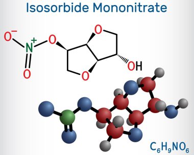 Isosorbide mononitrate molecule. Used to treat angina caused by coronary artery disease. Structural chemical formula, molecule model. Vector illustration clipart