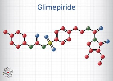 Glimepiride molekülü. Tip 2 diyabetin tedavisinde kullanılan sülfonil ilacı. Molekül modeli. Kafesteki bir kağıt parçası. Vektör illüstrasyonu