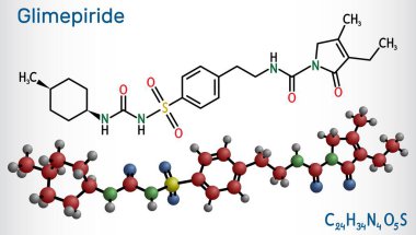 Glimepiride molecule. It is sulfonylurea drug used to treat type 2 diabetes. Structural chemical formula, molecule model. Vector illustration clipart