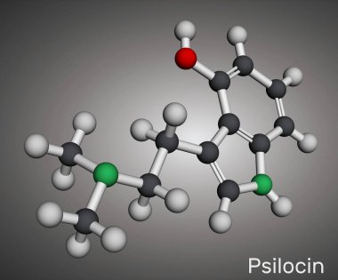 Psilocin molekülü. Bazı mantar türlerinde psikoaktif bileşik. Moleküler model. 3 boyutlu görüntüleme. Görüntü