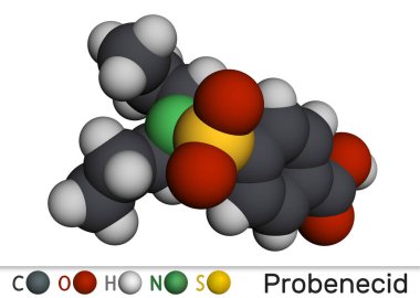 Probenecid molekülü. Gut ve hiperurikemi tedavisinde kullanılan ürik bir madde. Moleküler model. 3 boyutlu görüntüleme. Görüntü