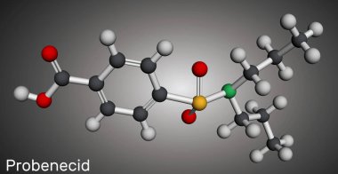Probenecid molekülü. Gut ve hiperurikemi tedavisinde kullanılan ürik bir madde. Moleküler model. 3 boyutlu görüntüleme. Görüntü