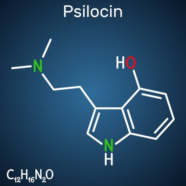 Psilocin molekülü. Bazı mantar türlerinde psikoaktif bileşik. Yapısal kimyasal formül, koyu mavi arkaplan. Vektör illüstrasyonu