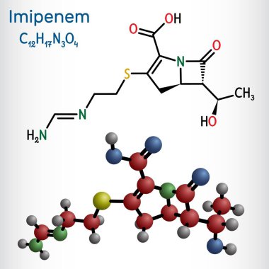 Imipenem molekülü. Ağır bakteriyel enfeksiyonları tedavi etmek için kullanılan geniş spektrumlu bir karbapenem antibiyotiği. Yapısal kimyasal formül, molekül modeli. Vektör illüstrasyonu