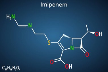 Imipenem molekülü. Ağır bakteriyel enfeksiyonları tedavi etmek için kullanılan geniş spektrumlu bir karbapenem antibiyotiği. Yapısal kimyasal formül, koyu mavi arkaplan. Vektör illüstrasyonu