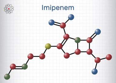 Imipenem molekülü. Ağır bakteriyel enfeksiyonları tedavi etmek için kullanılan geniş spektrumlu bir karbapenem antibiyotiği. Molekül modeli. Kafesteki bir kağıt parçası. Vektör illüstrasyonu