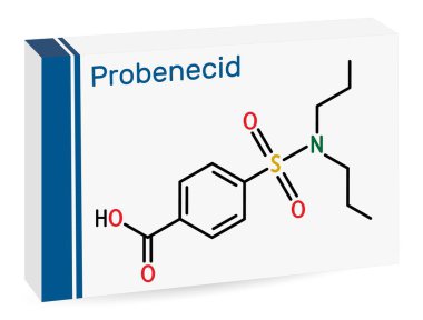 Probenecid molekülü. Gut ve hiperurikemi tedavisinde kullanılan ürik bir madde. İskelet kimyasal formülü. Uyuşturucu için kağıt ambalaj. Vektör illüstrasyonu