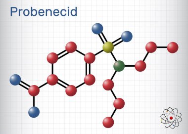 Probenecid molekülü. Gut ve hiperurikemi tedavisinde kullanılan ürik bir madde. Molekül modeli. Kafesteki bir kağıt parçası. Vektör illüstrasyonu