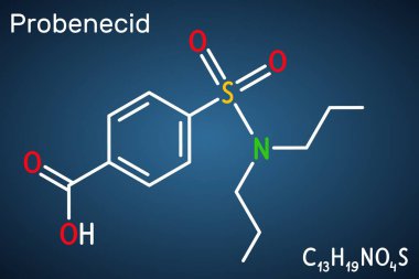 Probenecid molecule. A uricosuric agent used in the treatment of gout and hyperuricemia. Structural chemical formula, dark blue background. Vector illustration clipart