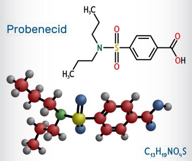 Probenecid molekülü. Gut ve hiperurikemi tedavisinde kullanılan ürik bir madde. Yapısal kimyasal formül, molekül modeli. Vektör illüstrasyonu