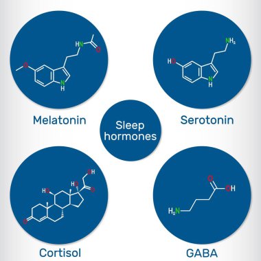 Uyku hormonu molekülü. Melatonin, serotonin, GABA (gamma-aminobutyric asit) ve kortizol 'ün yapısı ve işlevi. Vektör illüstrasyonu