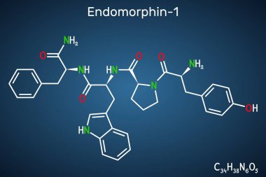 Endomorfin-1 (EM-1) molekülü. Ağrı modülasyonu için endojen opioid peptit. Koyu mavi arkaplanda yapısal kimyasal formül. Vektör illüstrasyonu