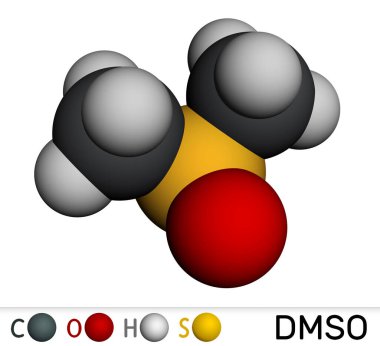 Dimetil sülfoksit, DMSO, C2H6OS molekülü. Organosülfür bileşiği, kutupsal aprotik çözücü. Moleküler model. 3 boyutlu görüntüleme. Görüntü