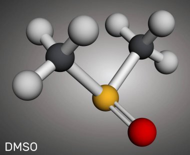 Dimetil sülfoksit, DMSO, C2H6OS molekülü. Organosülfür bileşiği, kutupsal aprotik çözücü. Moleküler model. 3 boyutlu görüntüleme. Görüntü