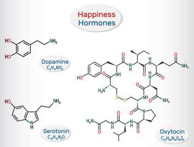 Mutluluk hormonları. Serotonin, dopamin, oksitosin molekülleri. Vektör illüstrasyonu