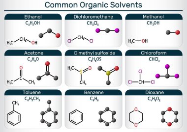 Yaygın organik çözücüler. Yapısal ve 3D aseton, etanol, metanol, kloroform, tolüen, benzen, diklorometan, dimetil sülfoksit ve dioksan modelleri. Vektör illüstrasyonu